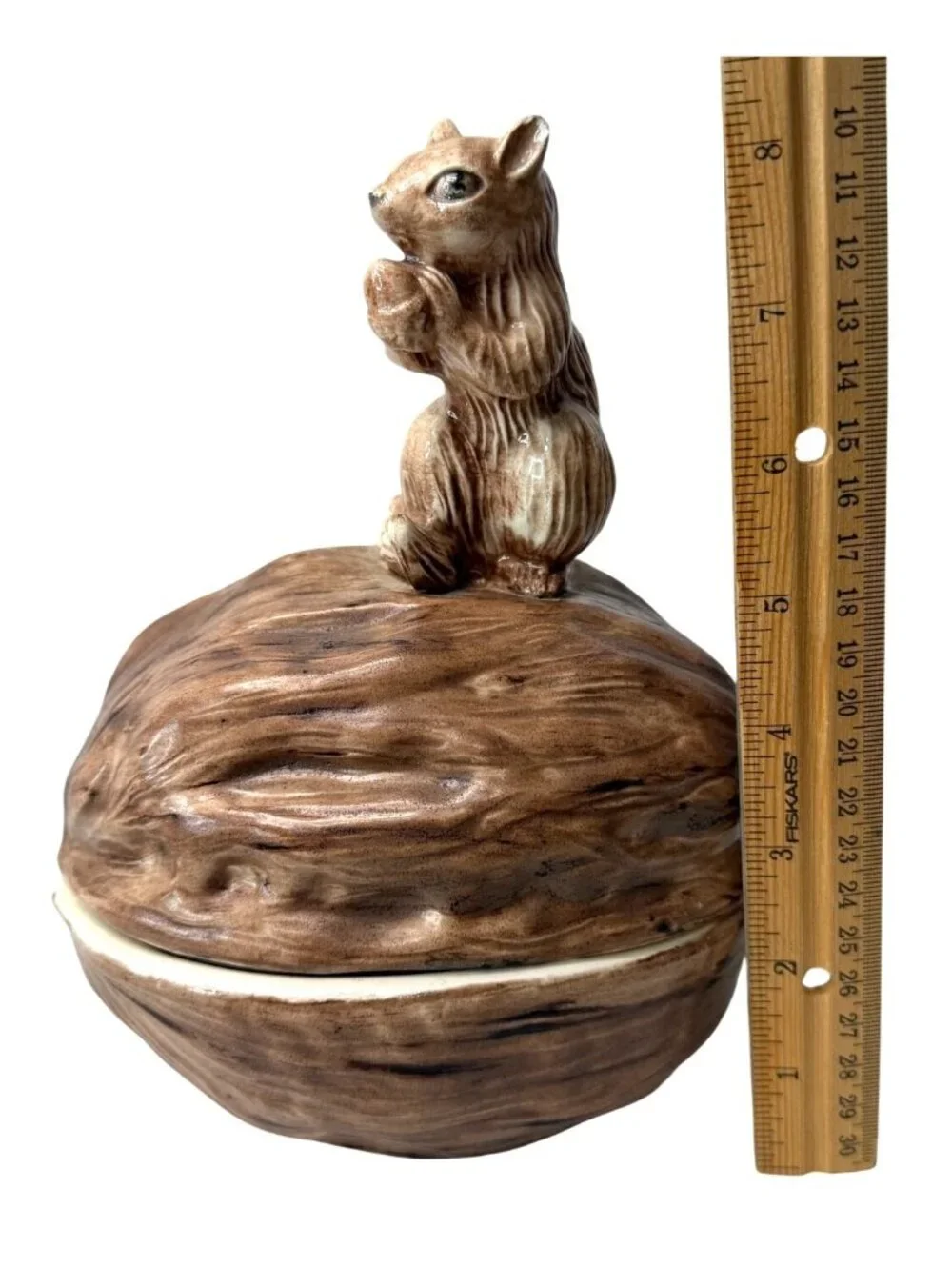 Vintage Ceramic Squirrel on Walnut Lidded Dish - Mid-Century Candy Bowl, Woodlan